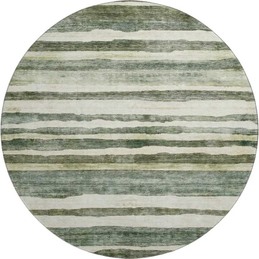 8' Sage Ivory And Beige Striped Washable Round Rug With UV Protection Photo 1