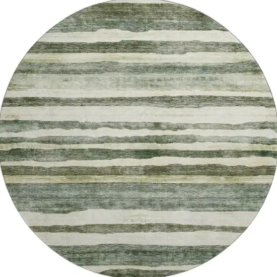 8' Sage Ivory And Beige Striped Washable Round Rug With UV Protection Photo 2