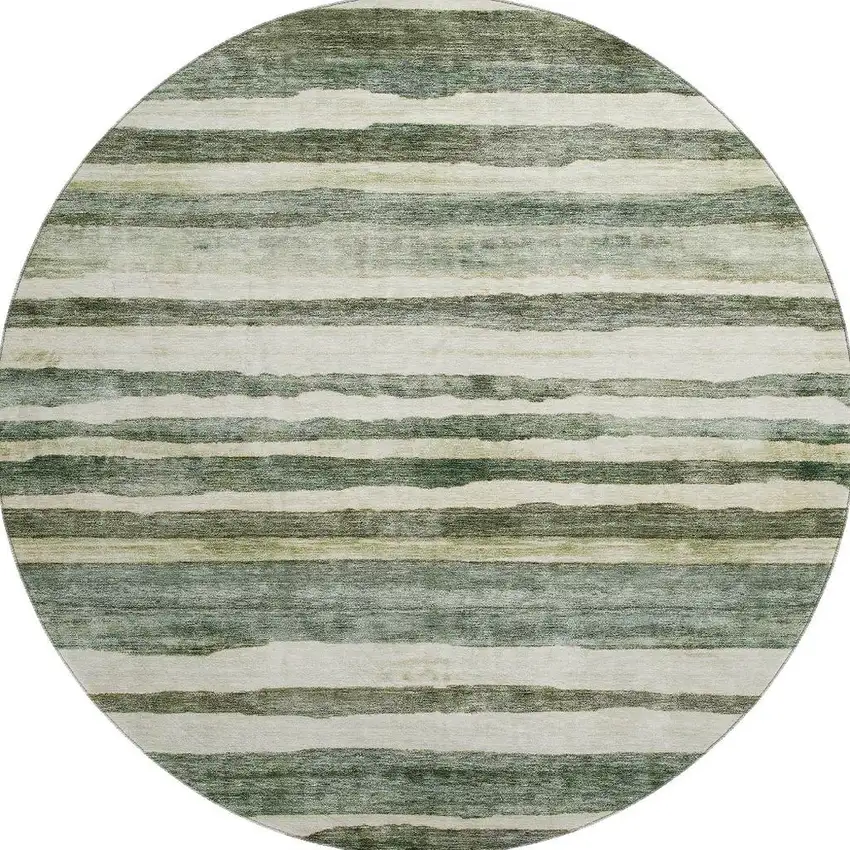 8' Sage Ivory And Beige Striped Washable Round Rug With UV Protection Photo 2
