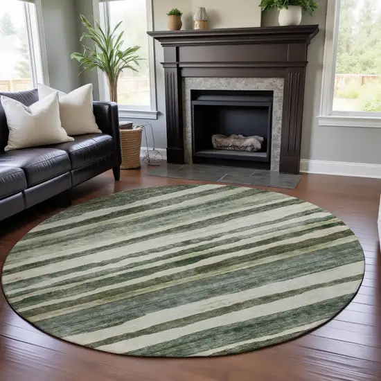 8' Sage Ivory And Beige Striped Washable Round Rug With UV Protection Photo 4
