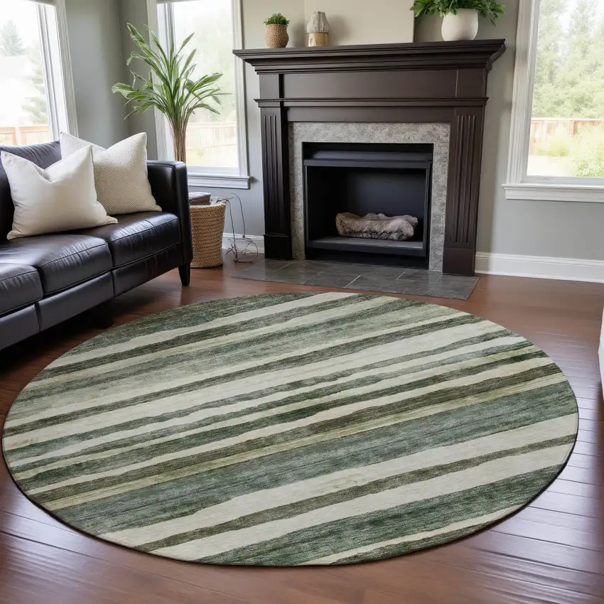 8' Sage Ivory And Beige Striped Washable Round Rug With UV Protection Photo 4