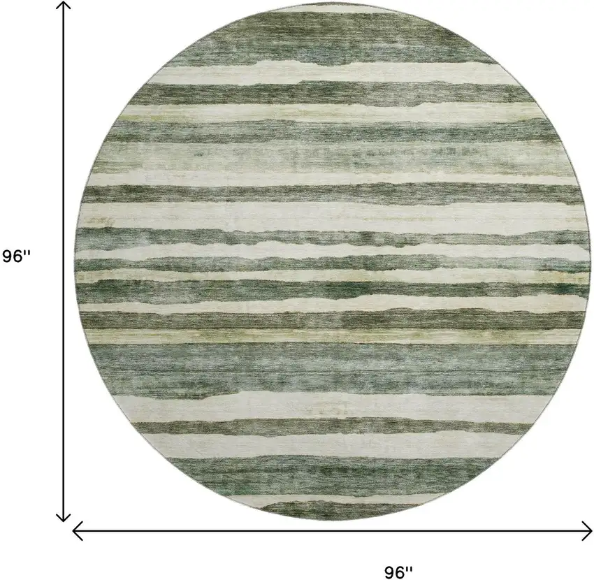 8' Sage Ivory And Beige Striped Washable Round Rug With UV Protection Photo 9