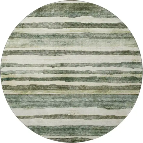 8' Sage Ivory And Beige Striped Washable Round Rug With UV Protection Photo 3