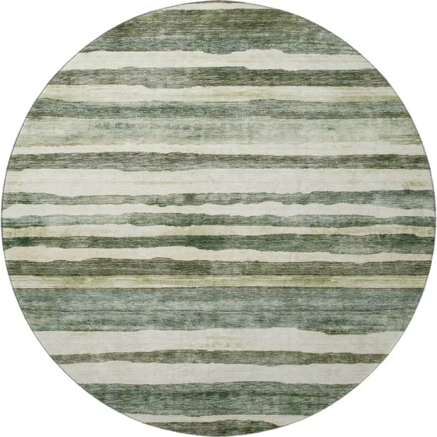 8' Sage Ivory And Beige Striped Washable Round Rug With UV Protection Photo 3