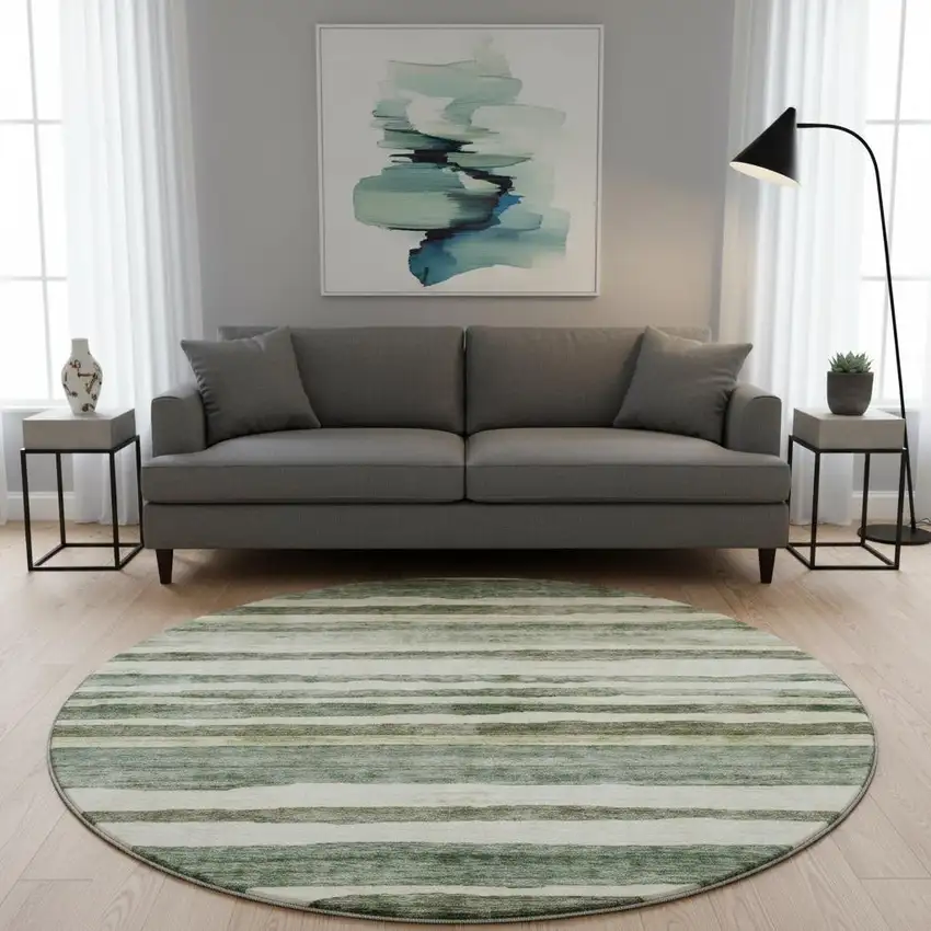 8' Sage Ivory And Beige Striped Washable Round Rug With UV Protection Photo 2