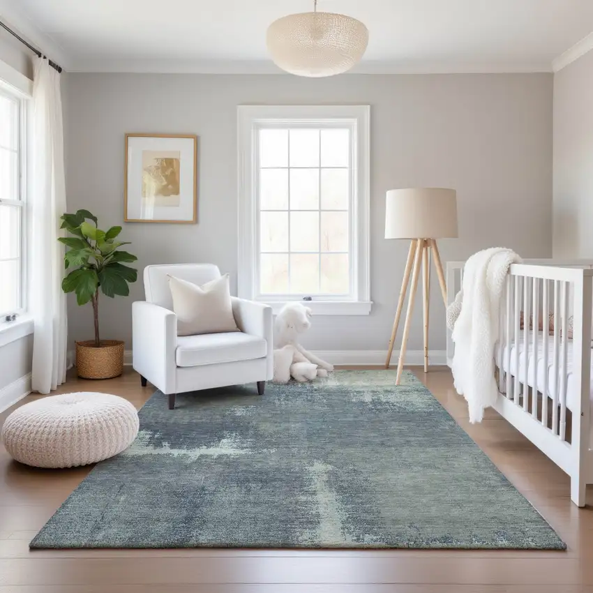 8' Sage Ivory And Blue Abstract Washable Area Rug With UV Protection Photo 5