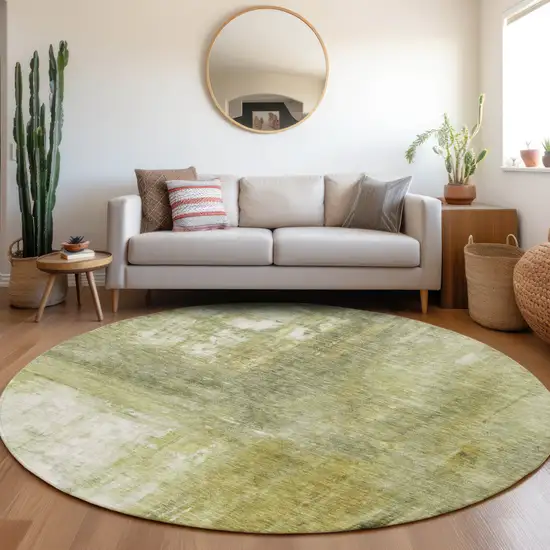 8' Sage Ivory And Brown Round Abstract Washable Indoor Outdoor Area Rug Photo 8