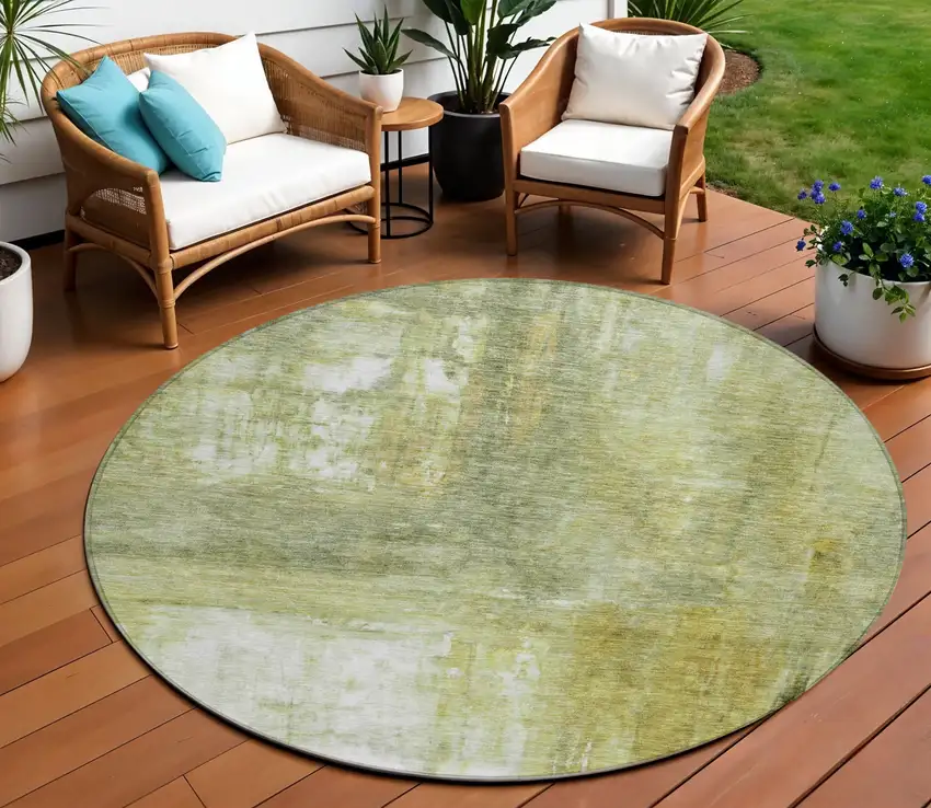8' Sage Ivory And Brown Round Abstract Washable Indoor Outdoor Area Rug Photo 1