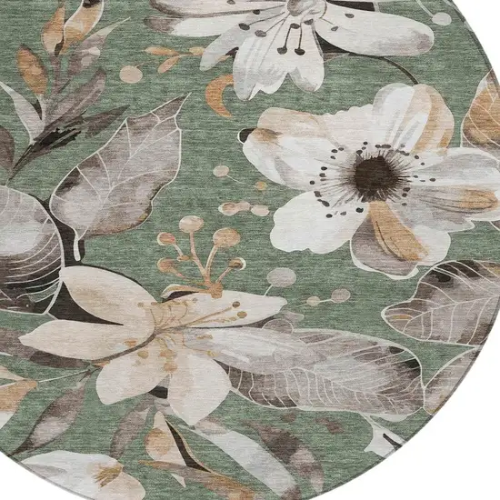 8' Sage Ivory And Charcoal Round Floral Washable Indoor Outdoor Area Rug Photo 7