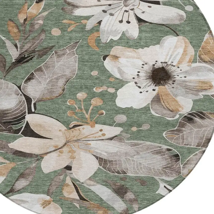 8' Sage Ivory And Charcoal Round Floral Washable Indoor Outdoor Area Rug Photo 7