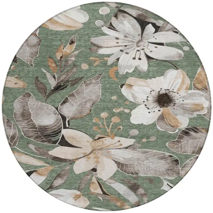 8' Sage Ivory And Charcoal Round Floral Washable Indoor Outdoor Area Rug Photo 4