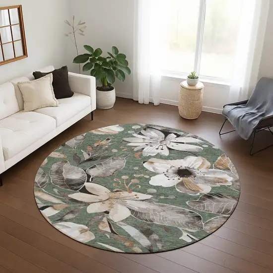 8' Sage Ivory And Charcoal Round Floral Washable Indoor Outdoor Area Rug Photo 9