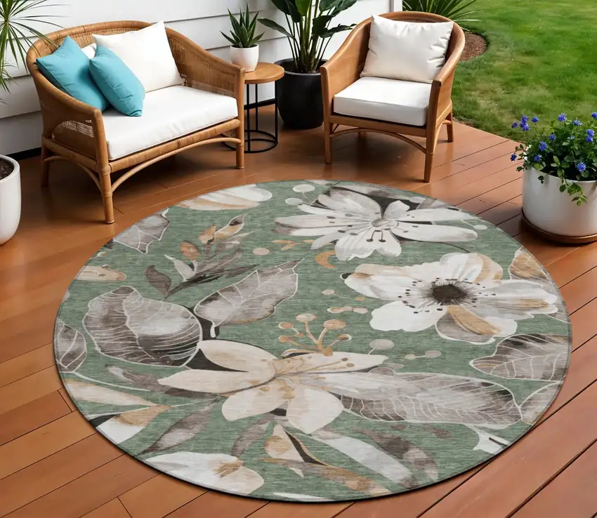 8' Sage Ivory And Charcoal Round Floral Washable Indoor Outdoor Area Rug Photo 1