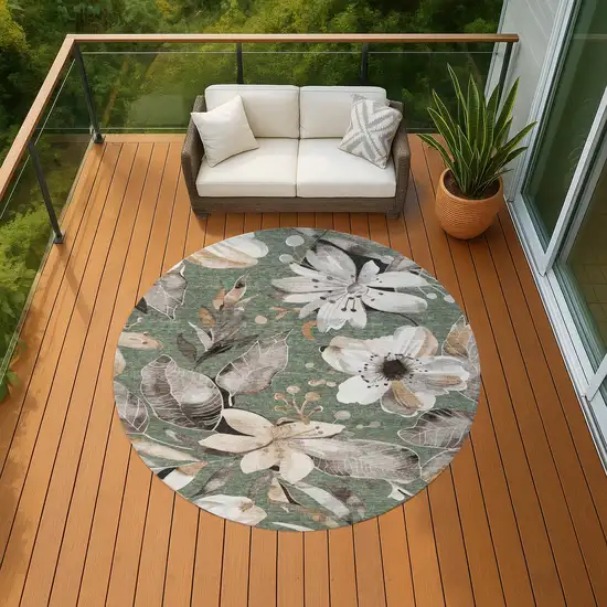 8' Sage Ivory And Charcoal Round Floral Washable Indoor Outdoor Area Rug Photo 9
