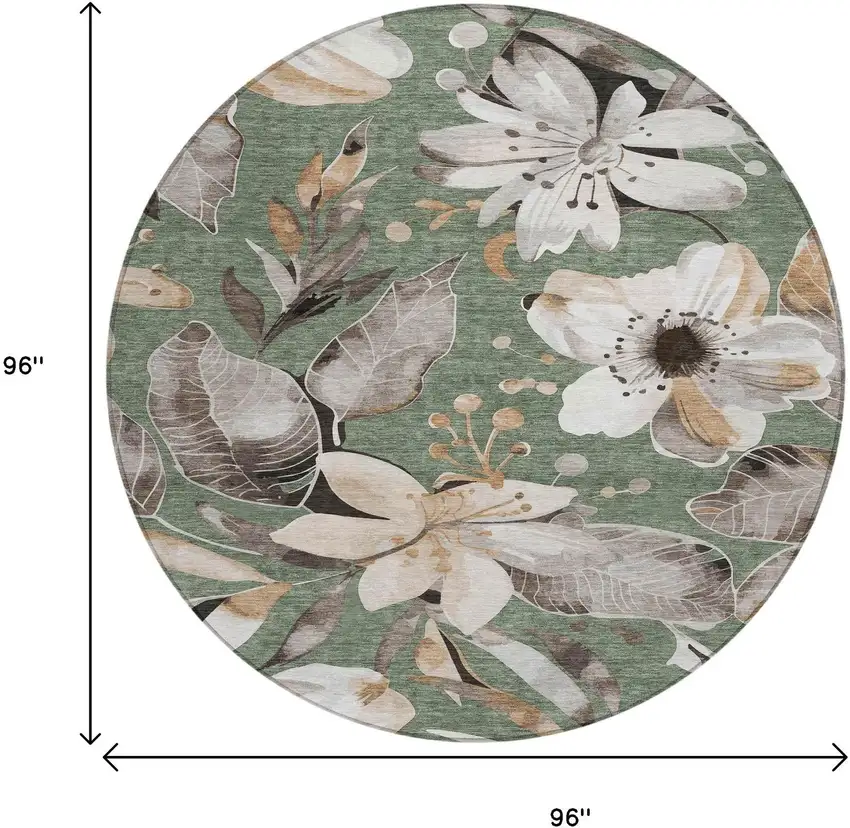 8' Sage Ivory And Charcoal Round Floral Washable Indoor Outdoor Area Rug Photo 3