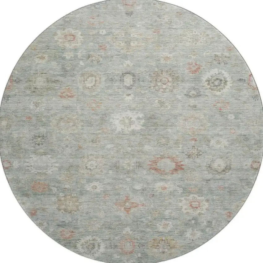 8' Sage Ivory And Copper Damask Washable Round Rug With UV Protection Photo 3