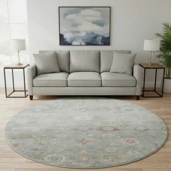 8' Sage Ivory And Copper Damask Washable Round Rug With UV Protection Photo 2