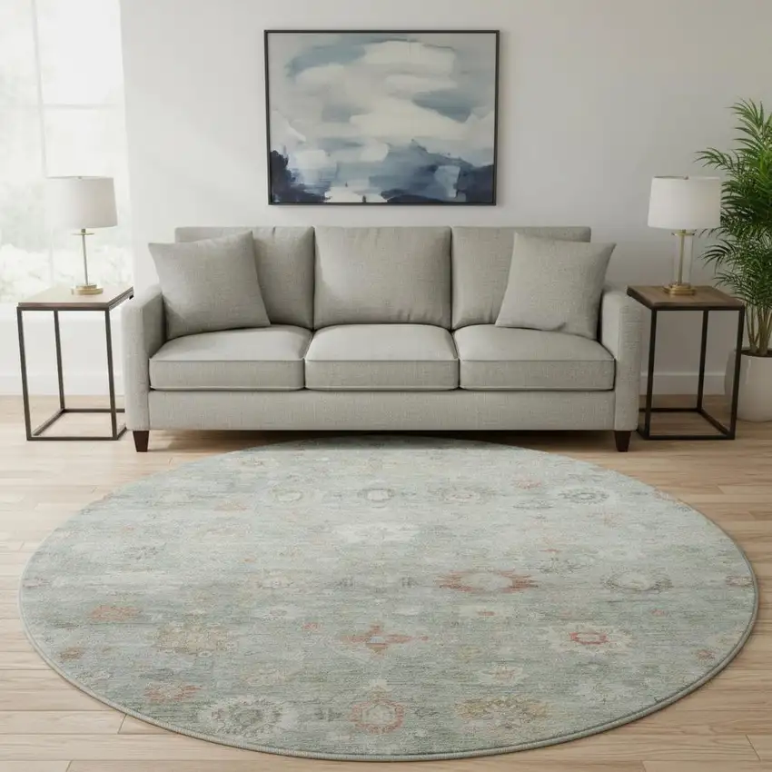 8' Sage Ivory And Copper Damask Washable Round Rug With UV Protection Photo 2