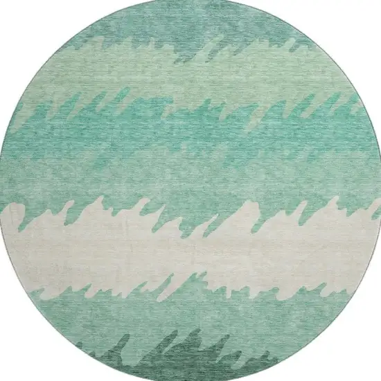 8' Sage Ivory And Emerald Striped Washable Round Rug With UV Protection Photo 4