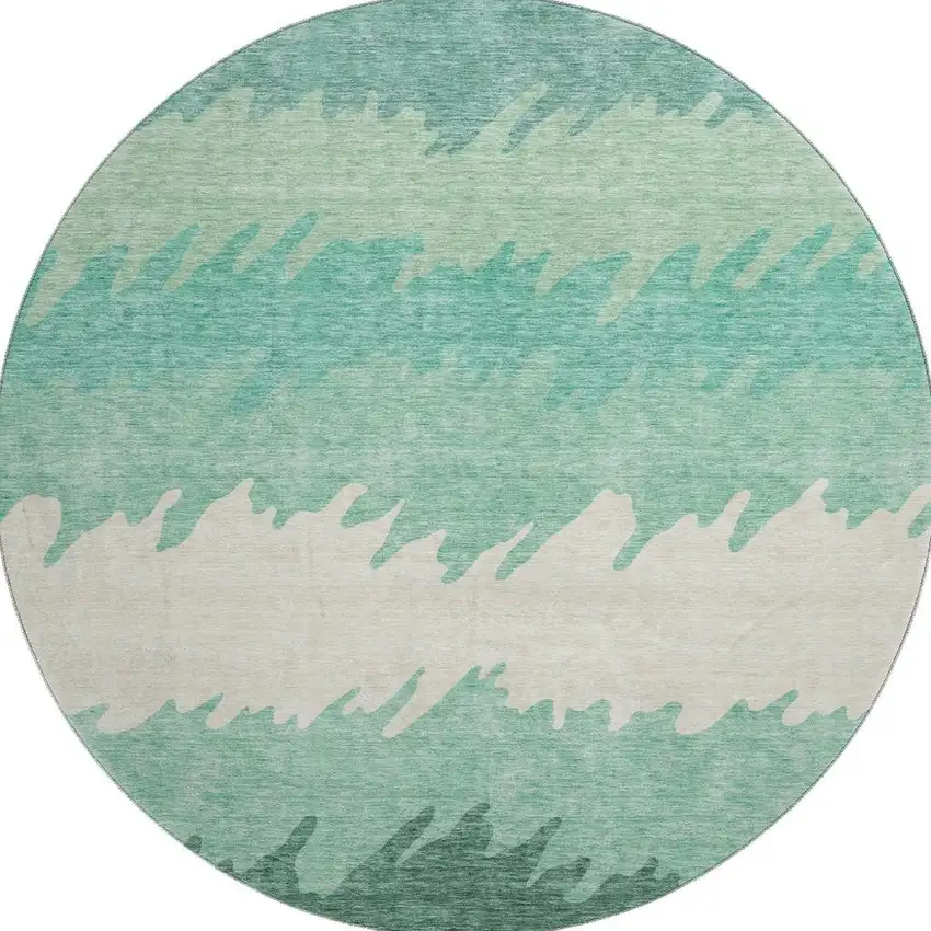 8' Sage Ivory And Emerald Striped Washable Round Rug With UV Protection Photo 4