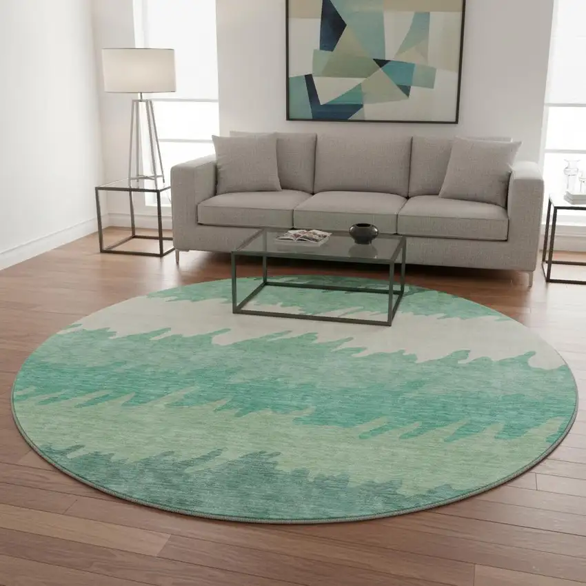 8' Sage Ivory And Emerald Striped Washable Round Rug With UV Protection Photo 2