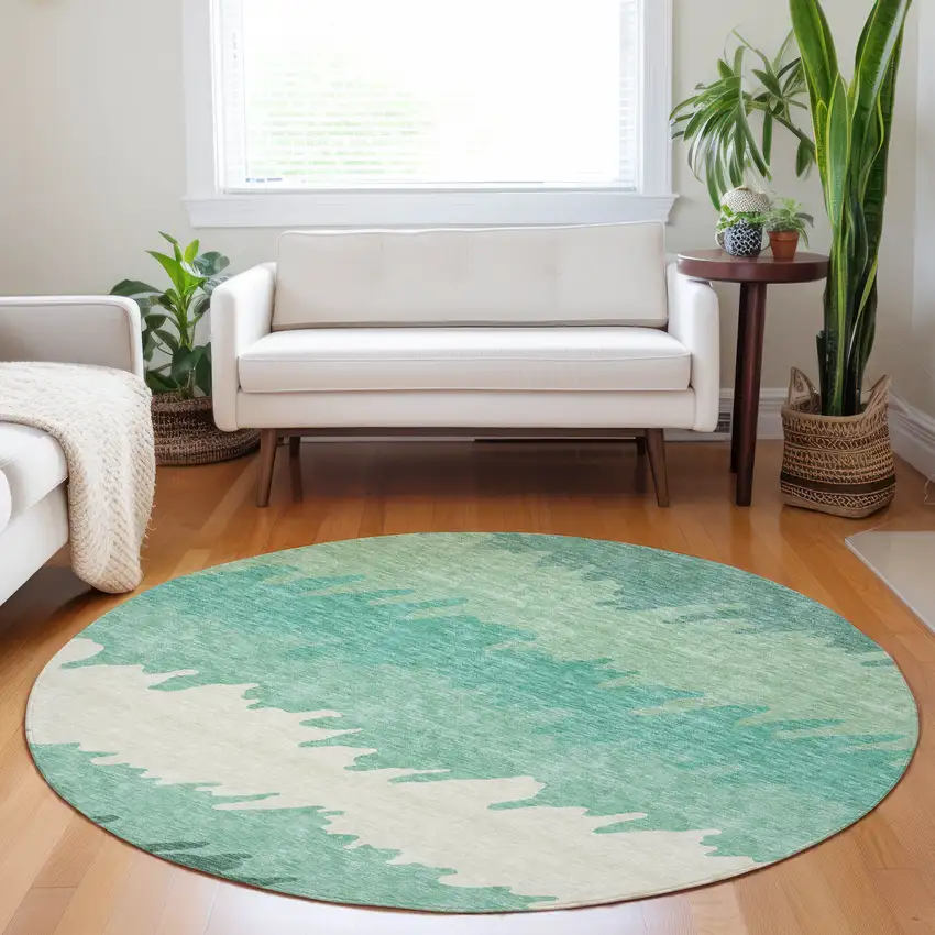 8' Sage Ivory And Emerald Striped Washable Round Rug With UV Protection Photo 5