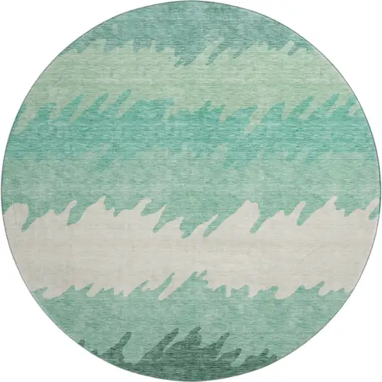 8' Sage Ivory And Emerald Striped Washable Round Rug With UV Protection Photo 1