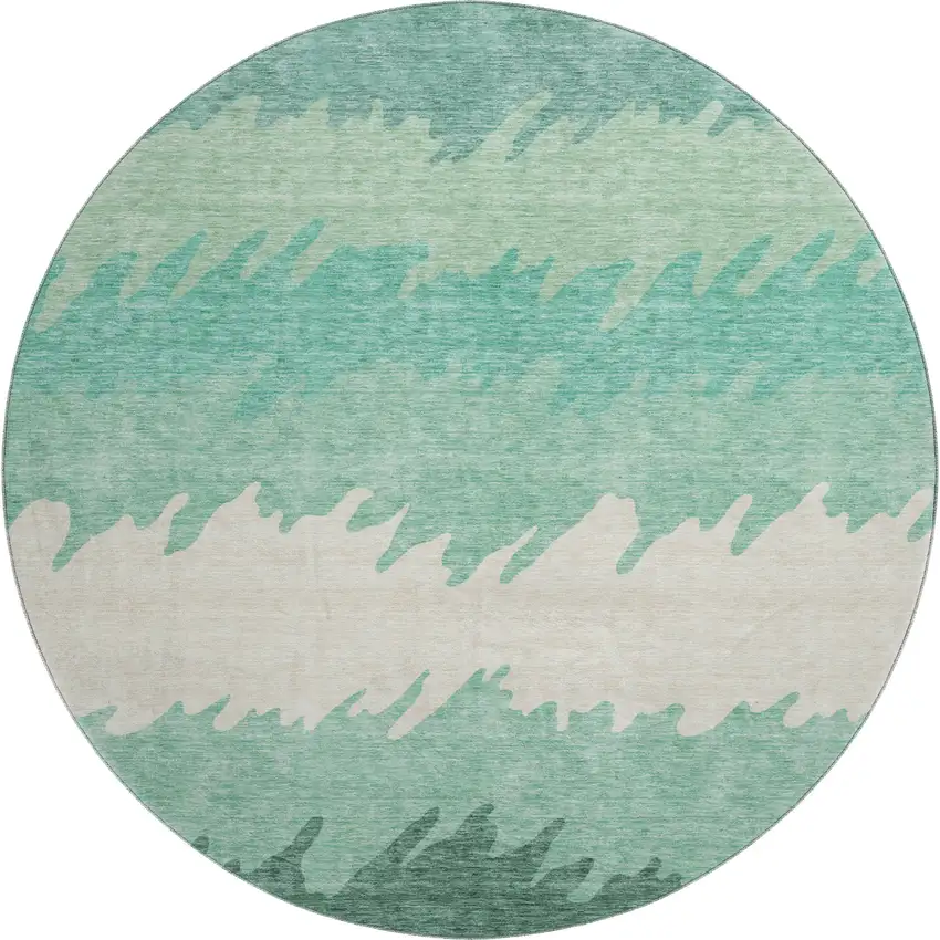 8' Sage Ivory And Emerald Striped Washable Round Rug With UV Protection Photo 1