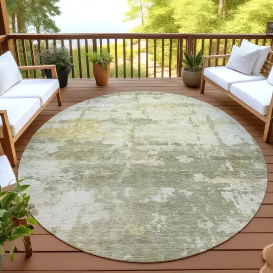 8' Sage Ivory And Gold Round Abstract Washable Indoor Outdoor Area Rug Photo 4