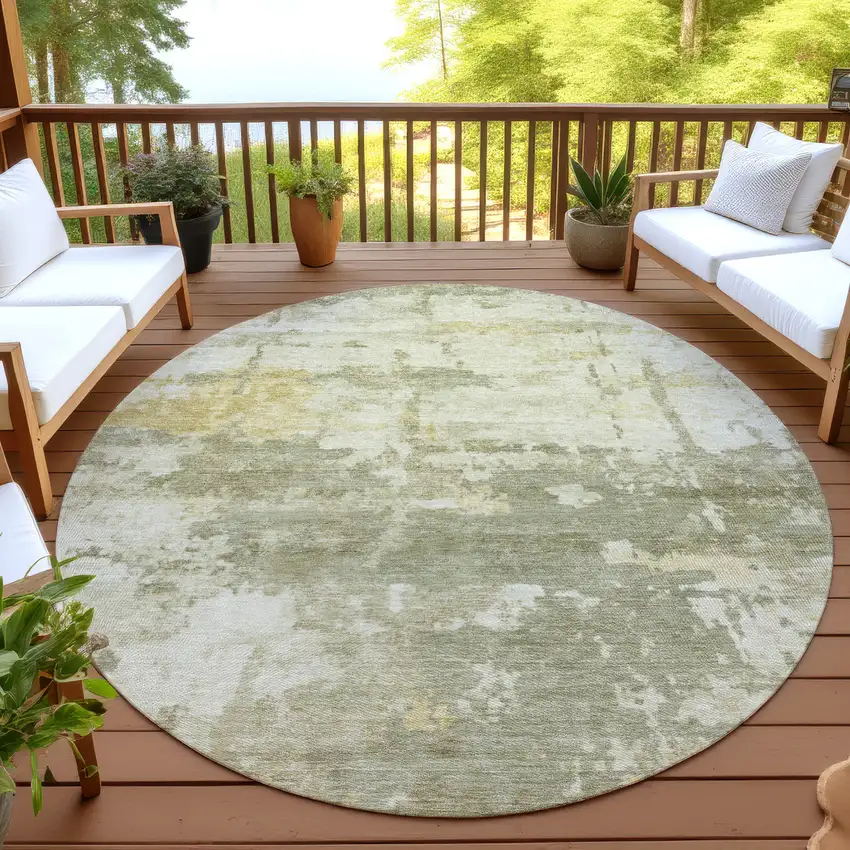8' Sage Ivory And Gold Round Abstract Washable Indoor Outdoor Area Rug Photo 4