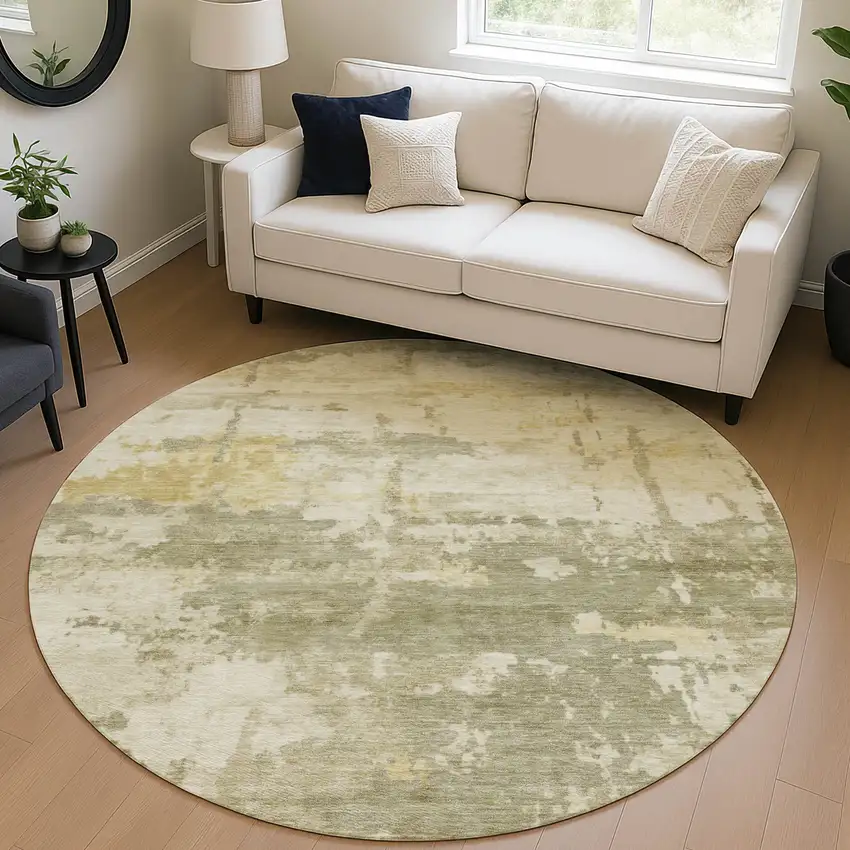 8' Sage Ivory And Gold Round Abstract Washable Indoor Outdoor Area Rug Photo 5