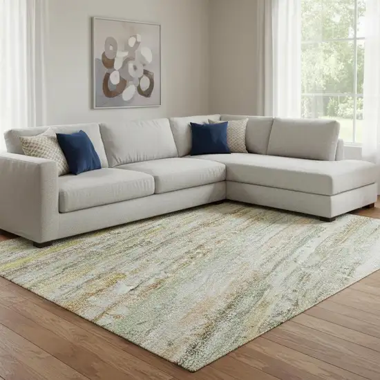 8' Sage Ivory And Gold Striped Washable Area Rug With UV Protection Photo 2