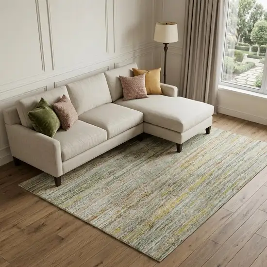 8' Sage Ivory And Gold Striped Washable Area Rug With UV Protection Photo 1