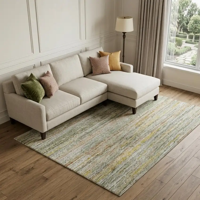 8' Sage Ivory And Gold Striped Washable Area Rug With UV Protection Photo 1