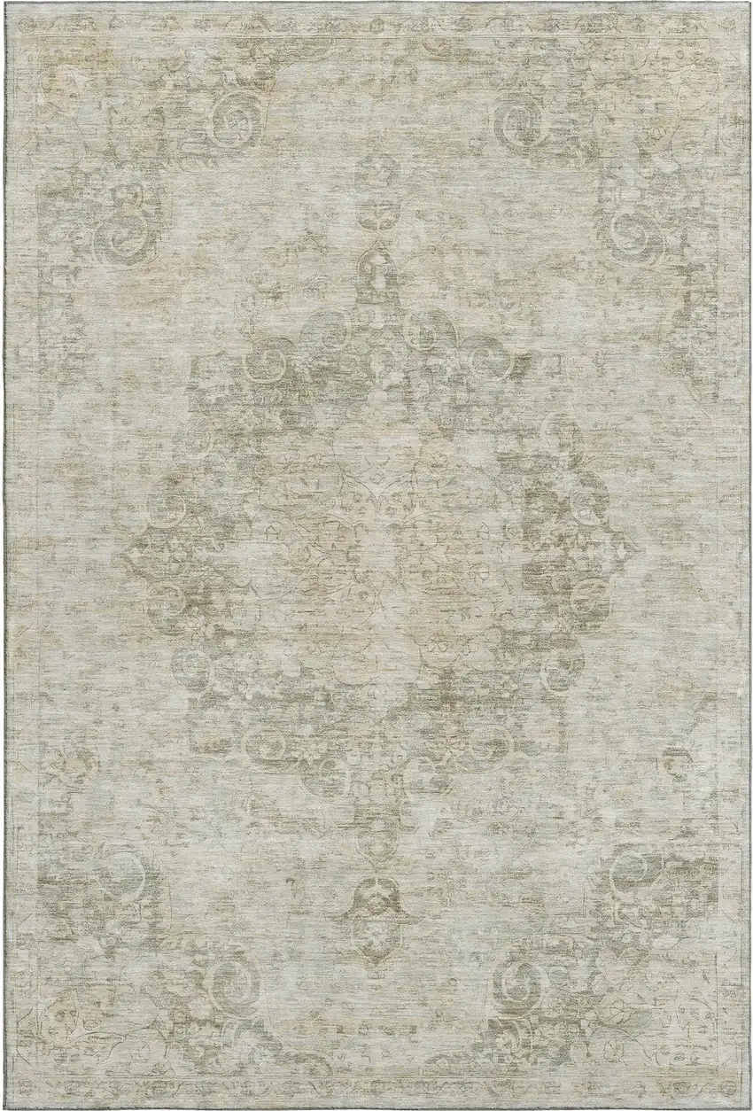 8' Sage Ivory And Gray Oriental Washable Area Rug With UV Protection Photo 1