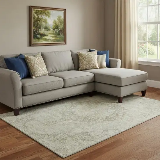 8' Sage Ivory And Gray Oriental Washable Area Rug With UV Protection Photo 2