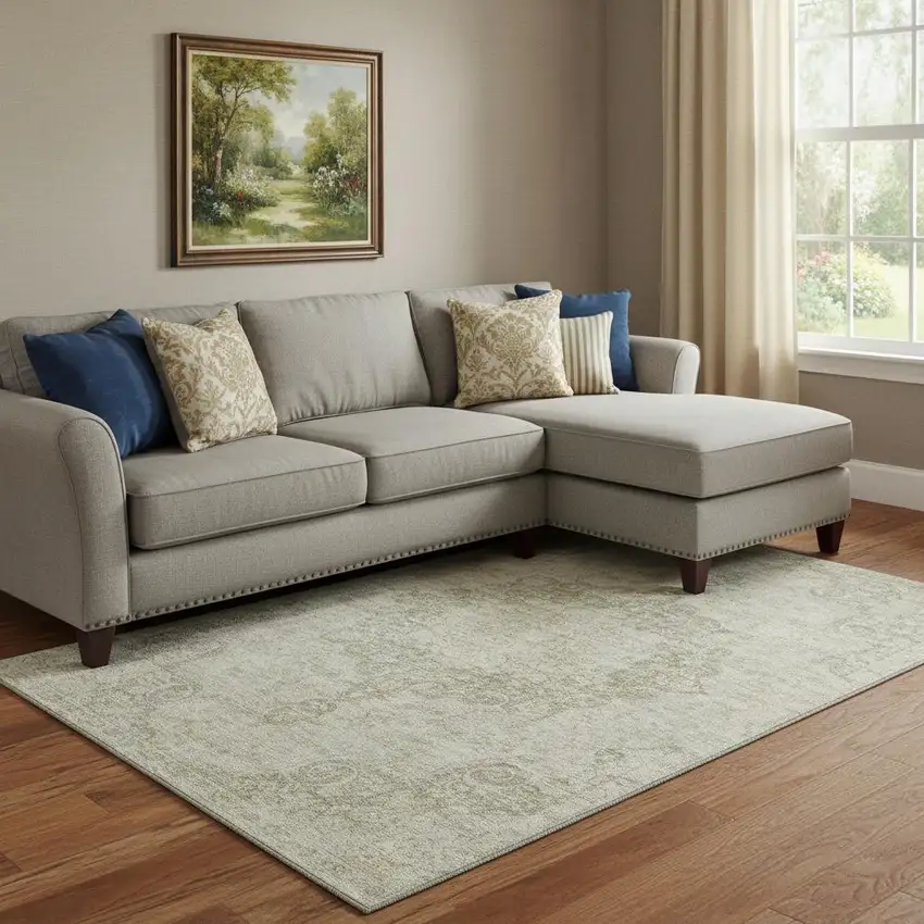 8' Sage Ivory And Gray Oriental Washable Area Rug With UV Protection Photo 2