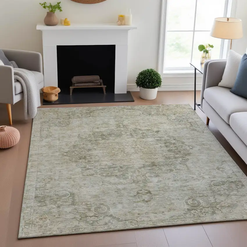 8' Sage Ivory And Gray Oriental Washable Area Rug With UV Protection Photo 4
