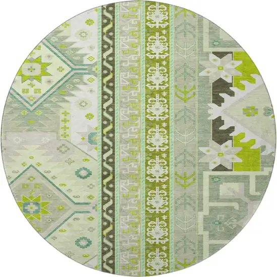 8' Sage Ivory And Lime Green Southwestern Washable Round Rug With UV Protection Photo 3