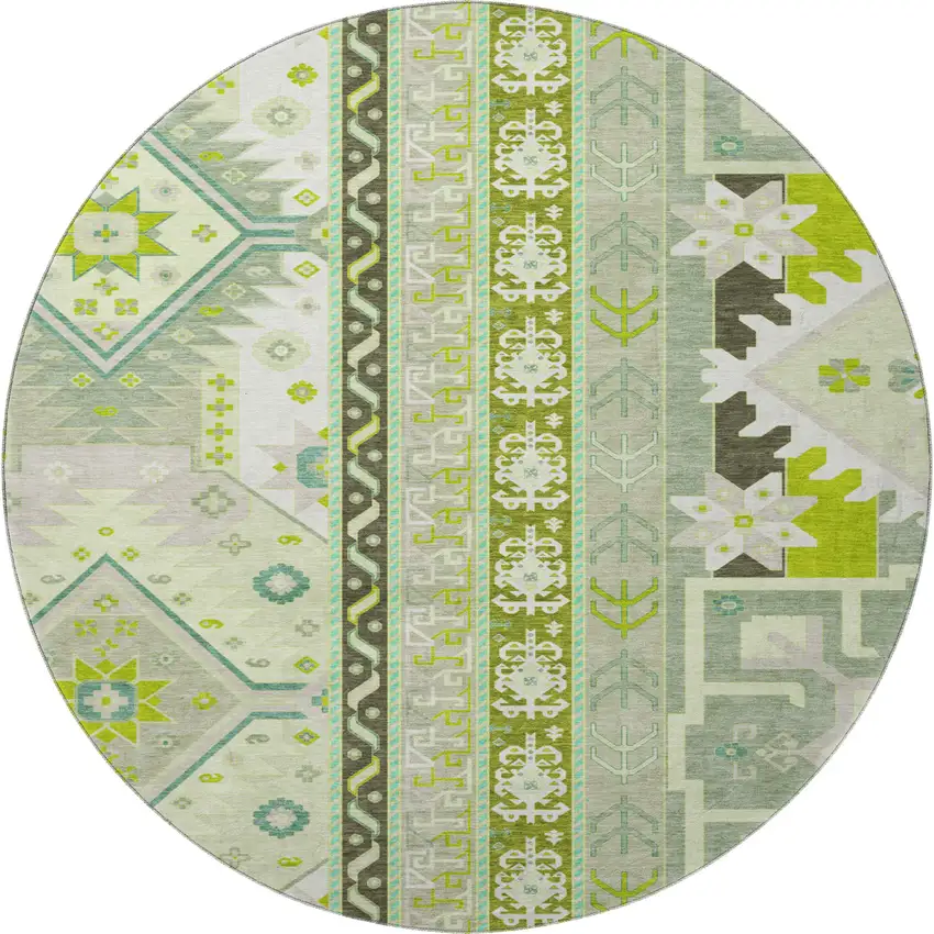 8' Sage Ivory And Lime Green Southwestern Washable Round Rug With UV Protection Photo 3