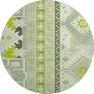 Photo of 8' Sage Ivory And Lime Green Southwestern Washable Round Rug With UV Protection