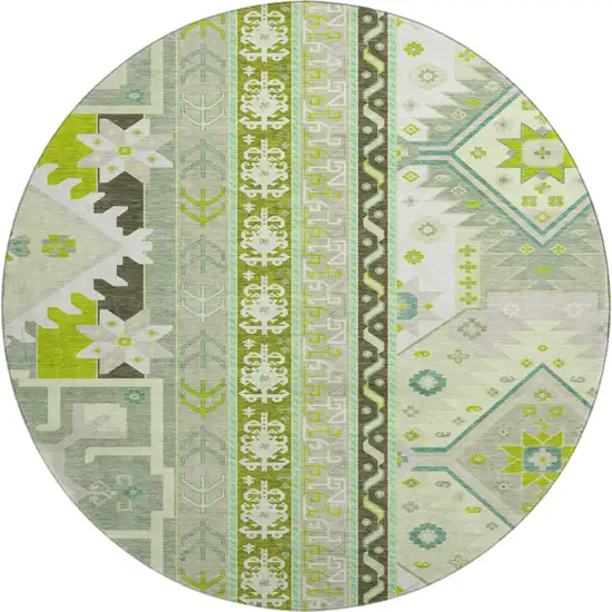 8' Sage Ivory And Lime Green Southwestern Washable Round Rug With UV Protection Photo 1