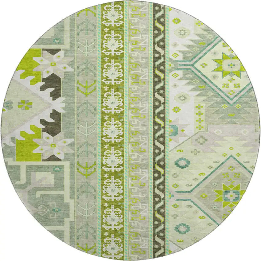8' Sage Ivory And Lime Green Southwestern Washable Round Rug With UV Protection Photo 1