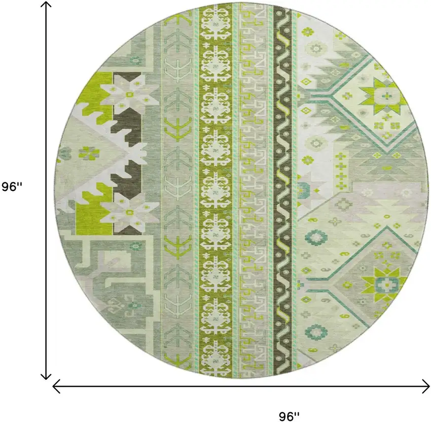 8' Sage Ivory And Lime Green Southwestern Washable Round Rug With UV Protection Photo 9