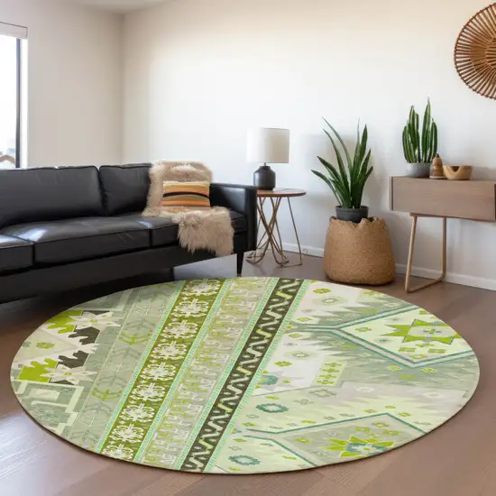 8' Sage Ivory And Lime Green Southwestern Washable Round Rug With UV Protection Photo 4