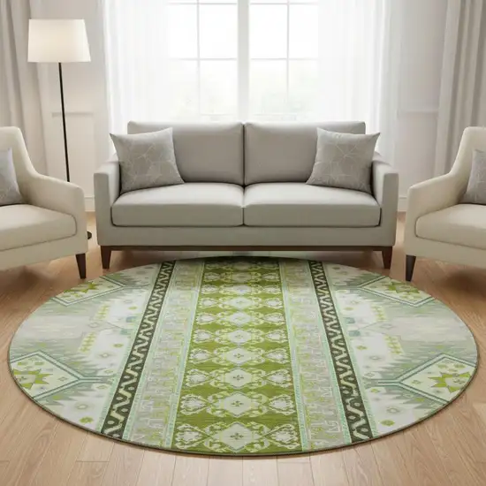 8' Sage Ivory And Lime Green Southwestern Washable Round Rug With UV Protection Photo 2