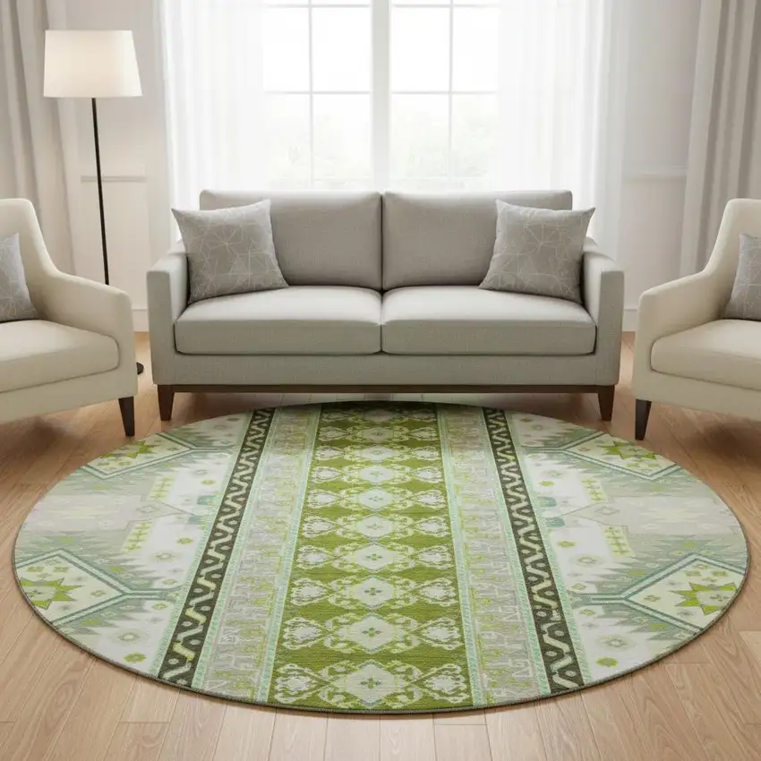 8' Sage Ivory And Lime Green Southwestern Washable Round Rug With UV Protection Photo 2
