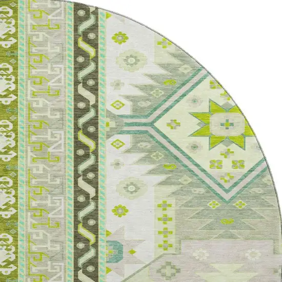 8' Sage Ivory And Lime Green Southwestern Washable Round Rug With UV Protection Photo 2
