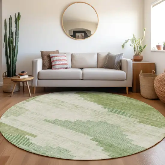 8' Sage Ivory And Olive Green Round Geometric Washable Indoor Outdoor Area Rug Photo 6
