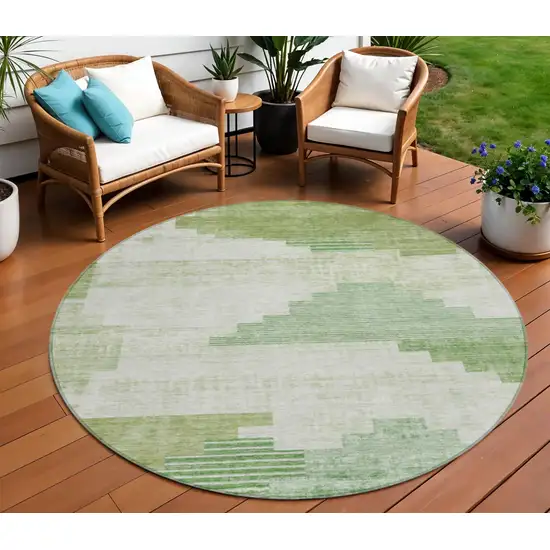 8' Sage Ivory And Olive Green Round Geometric Washable Indoor Outdoor Area Rug Photo 2